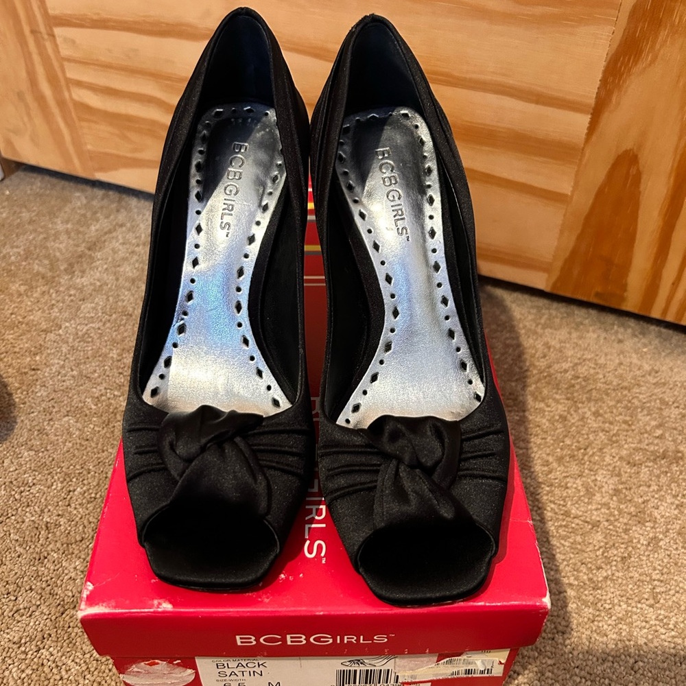 BCBGirls Elegant Black Satin Peep Toe Heels